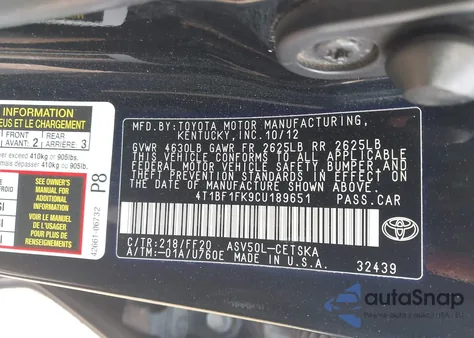 2012 Toyota Camry Se Limited Edition из США, поврежденный, VIN 4T1BF1FK9CU189651